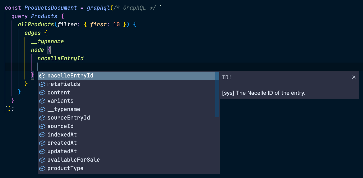 A screenshot of a GraphQL query in VSCode. It includes autocomplete suggestions for additional fields that aren't yet being queried for.