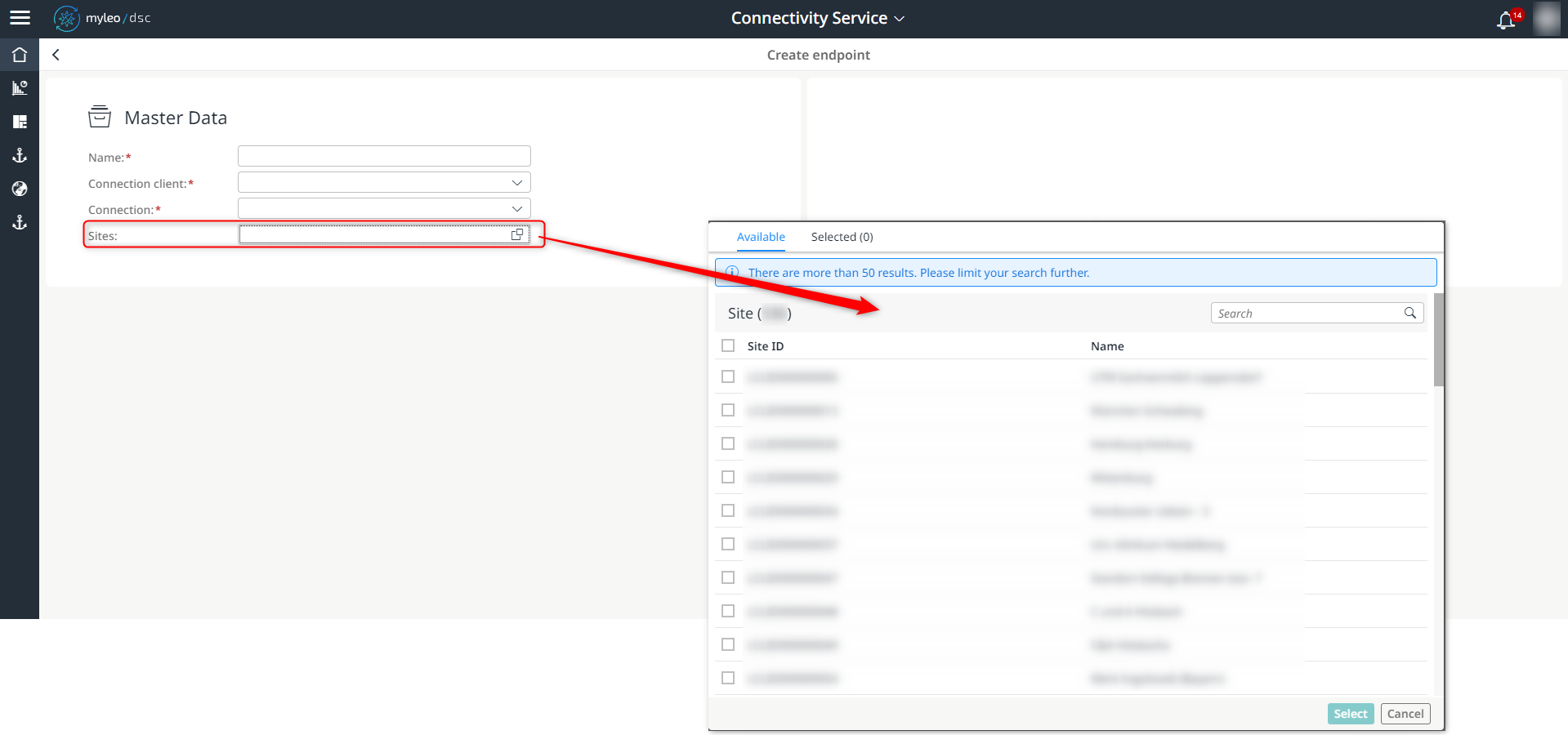 Selection of sites when creating an endpoint