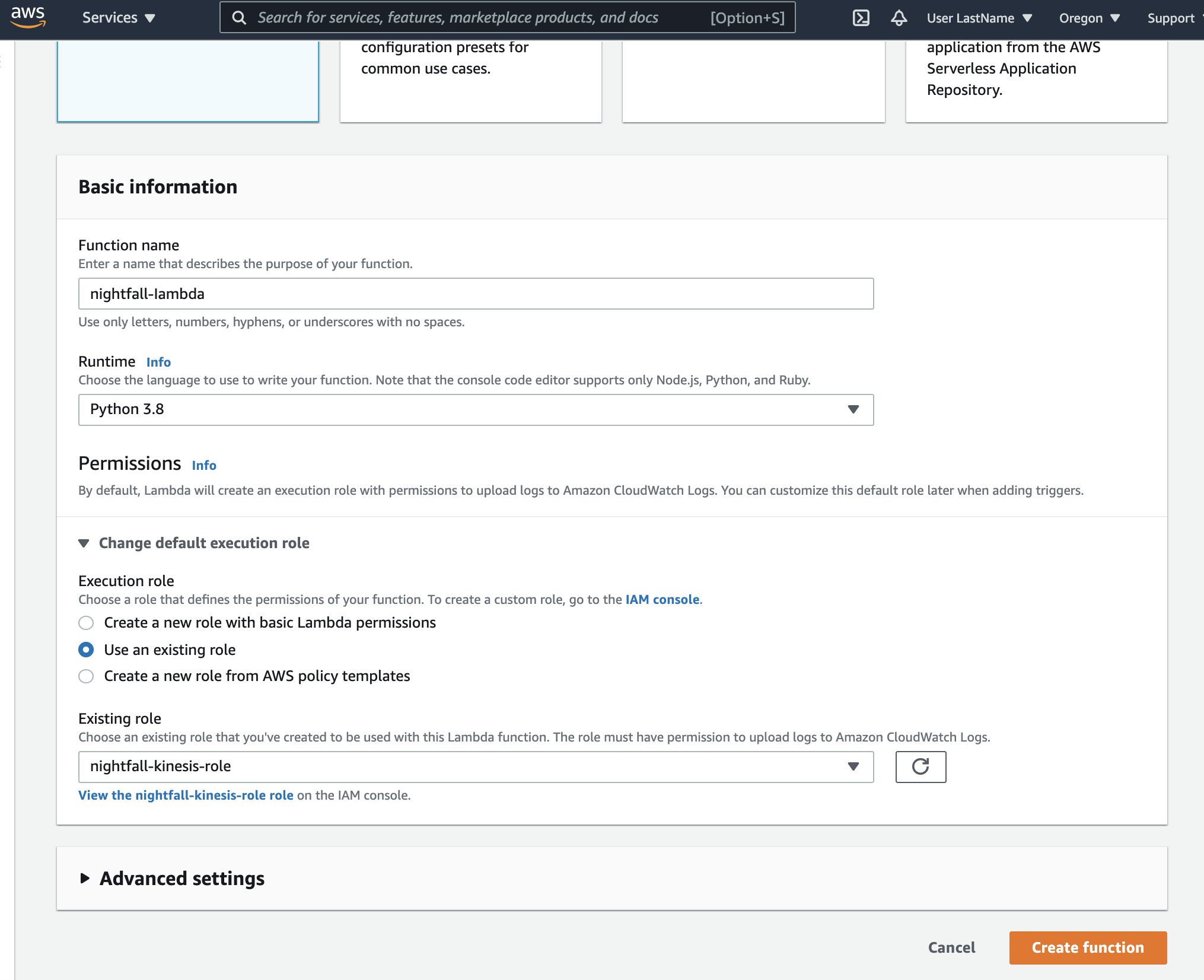 Amazon Lambda Function Creation Screen
