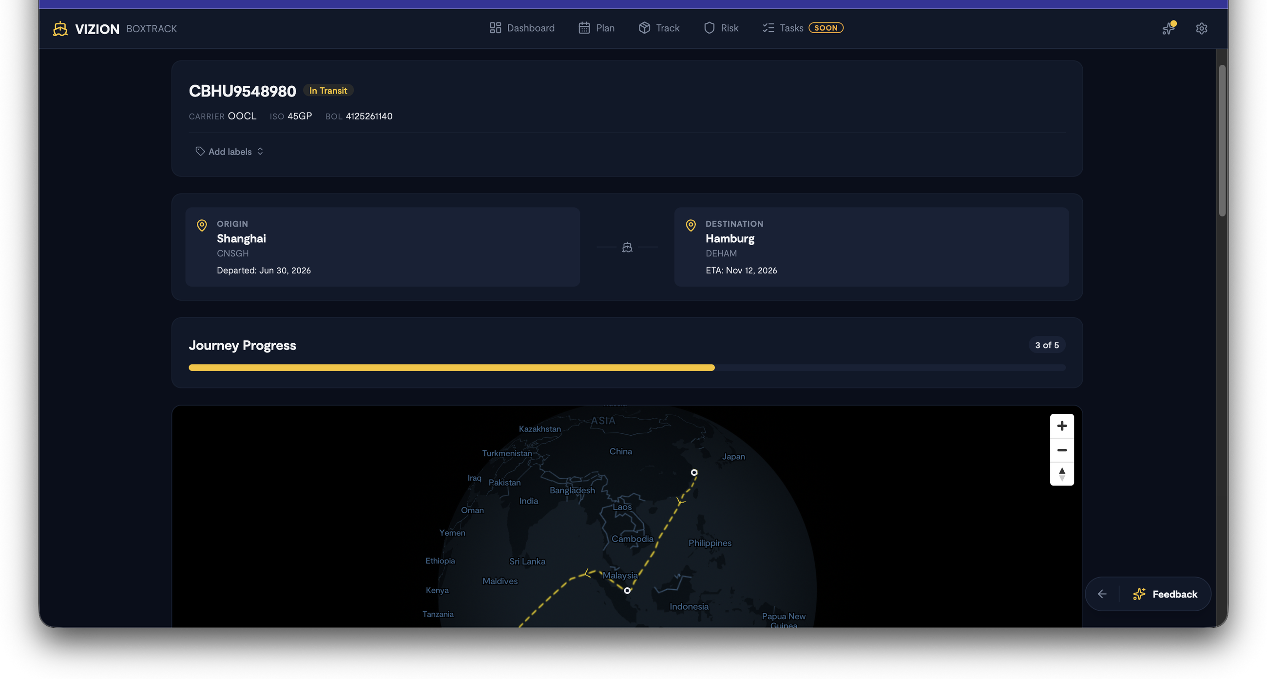 Screenshot: The full-page detail view (accessed via "Full Details" button) showing the globe/3D map rendering of the route, expanded vessel info, and full milestone timeline