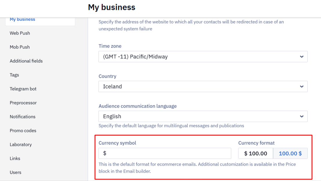 My business settings page with the Currency symbol field and the Currency format switch highlighted