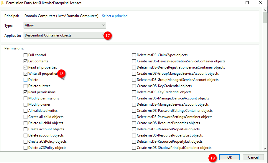 Permission Entry dialog box. Principal set to Domain Computers, Applies to Descendant Container objects, with List contents, Read and Write all properties, and Read permissions checked.
