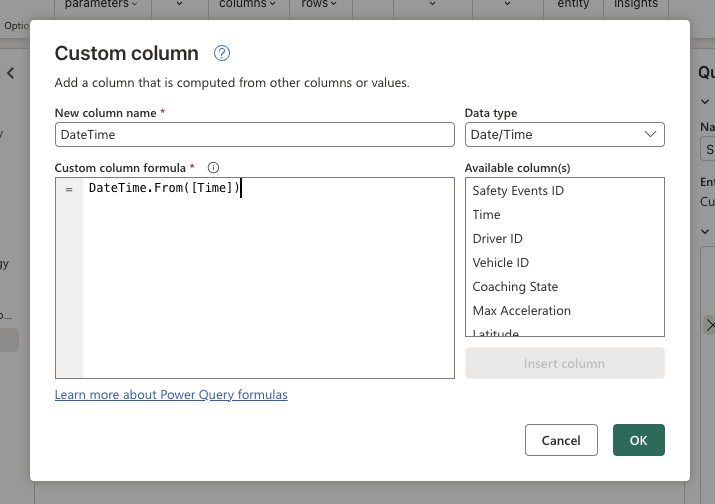 Adding a custom column for DateTime using PowerQuery editor.