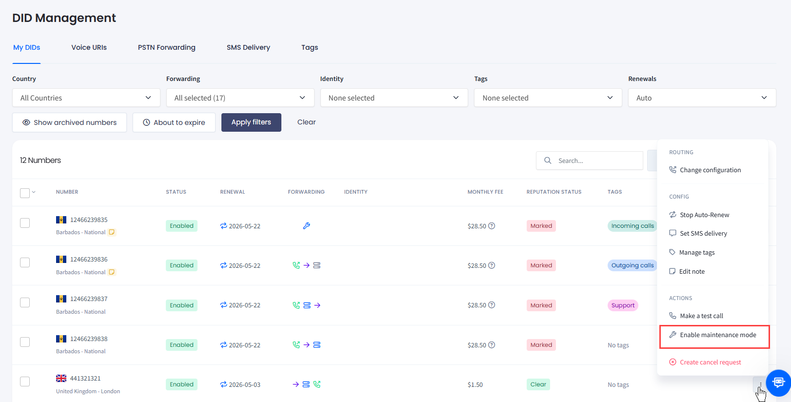 Screenshot of the Enable maintenance mode action