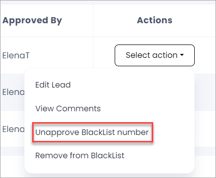 Screenshot of unapproving blacklisted number