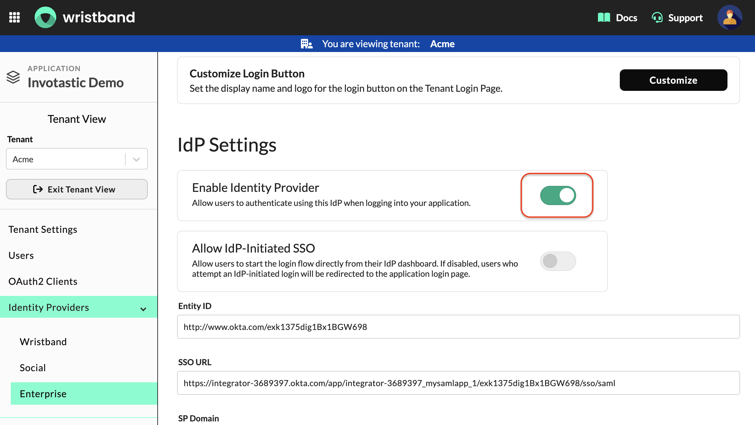 Wristband: IdP settings page with Enable enterprise identity provider toggle