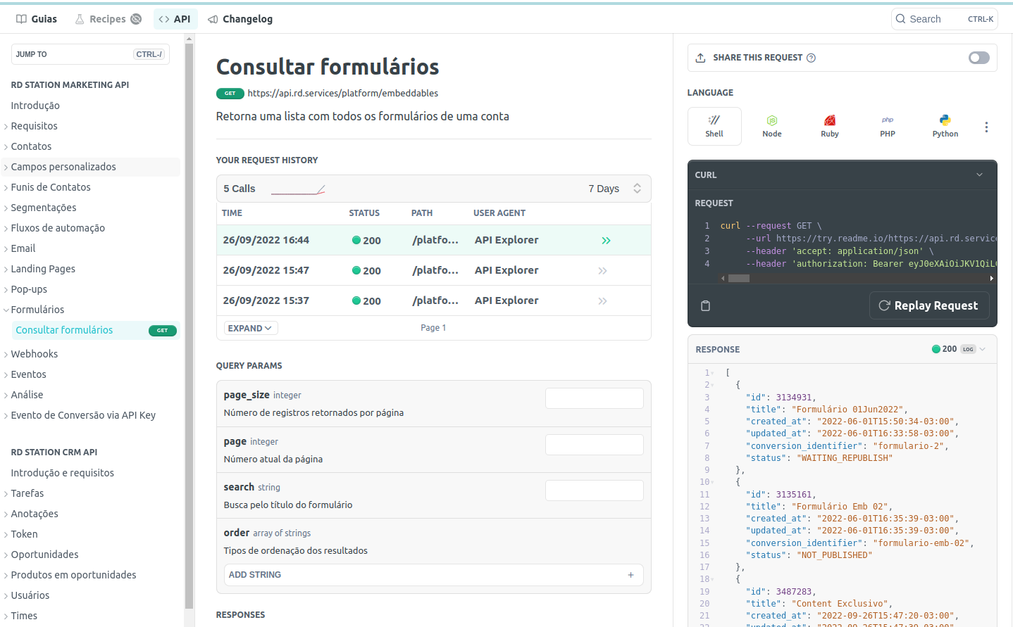 Imagem mostrando o uso da interface do portal de desenvolvedor para consultar de formulários