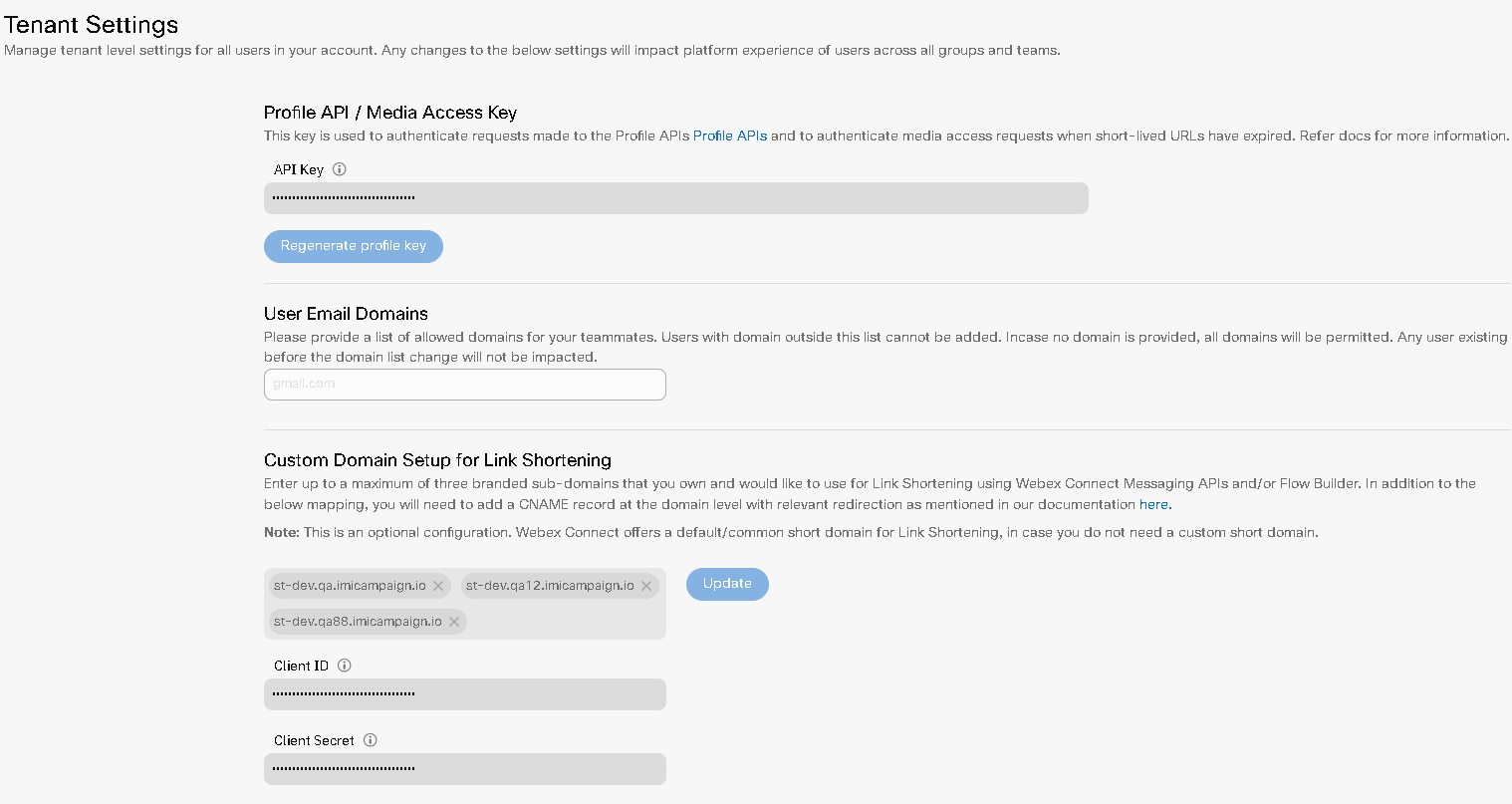 Screenshot for Tenant Settings—Custom Domain Setup for Link Shortening