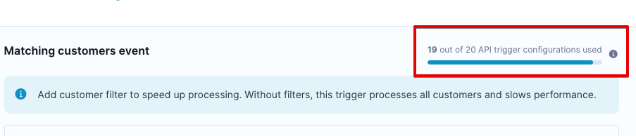 API trigger node showing 19 out of 20 configurations used warning in the UI.
