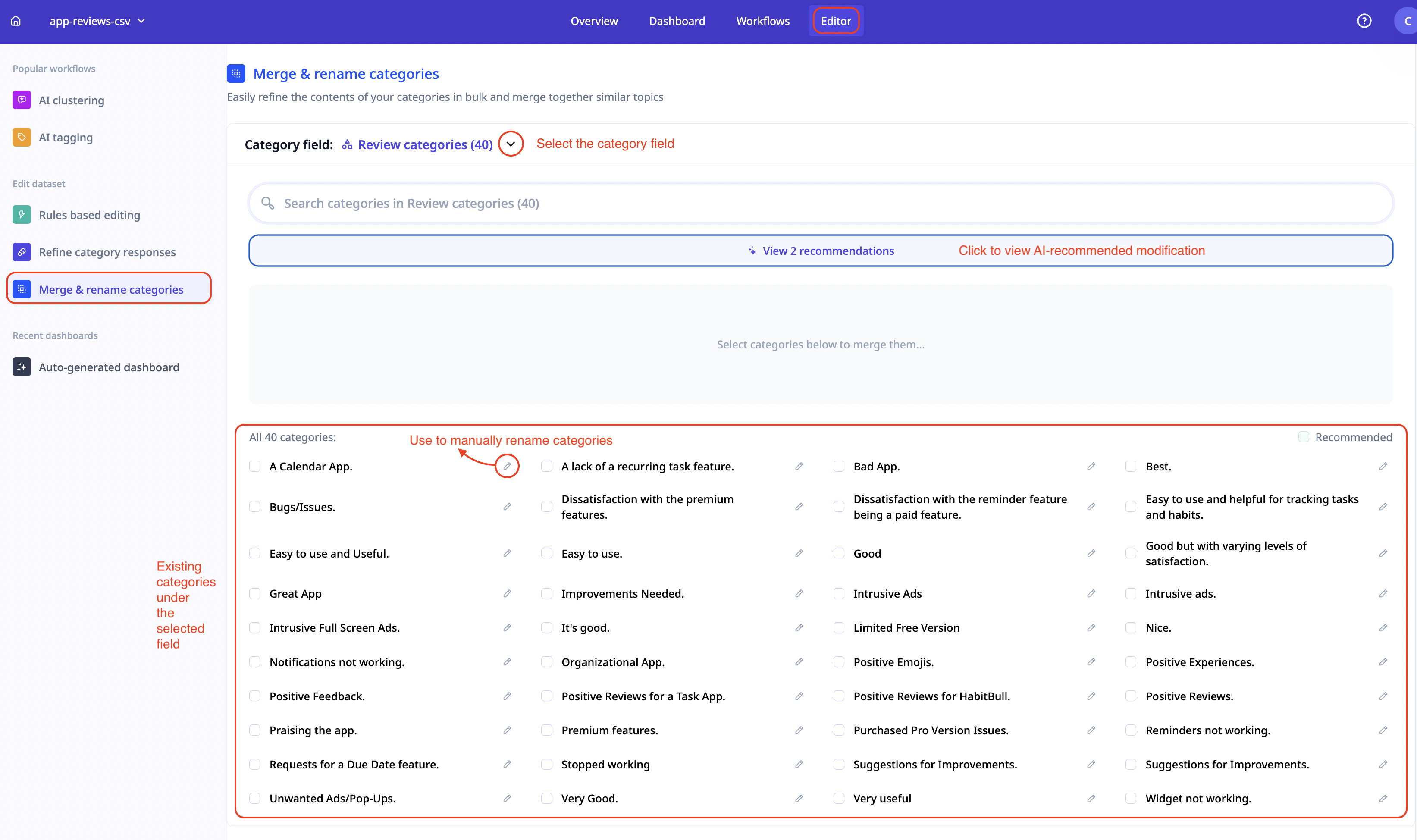 Relevance AI - Merge and rename categories