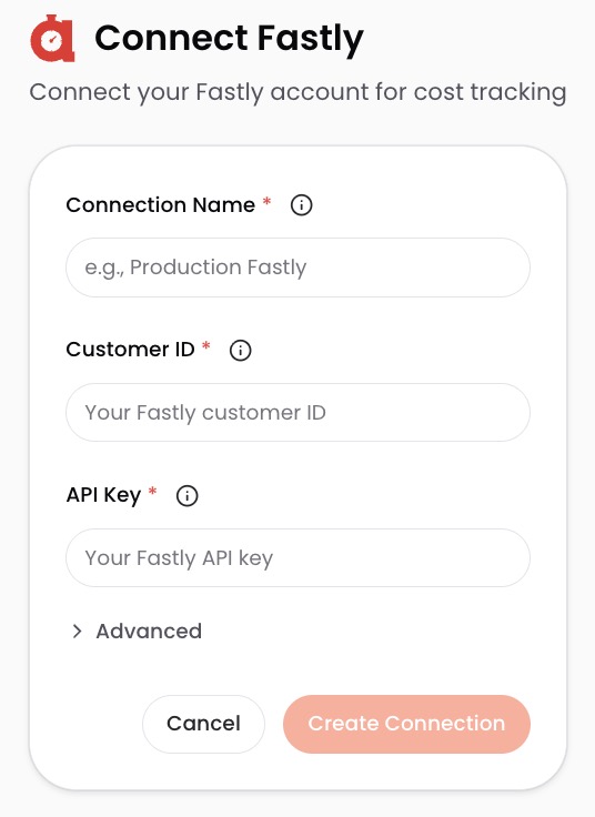 Fastly connection setup screen in CloudZero showing Connection Name, Customer ID, and API Key fields