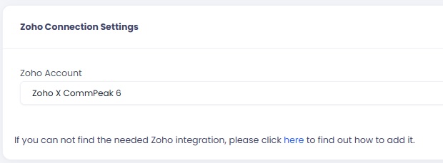 Screenshot with setting a connection with Zoho