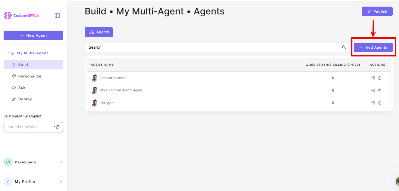 Add agents button on the build multi-agents page