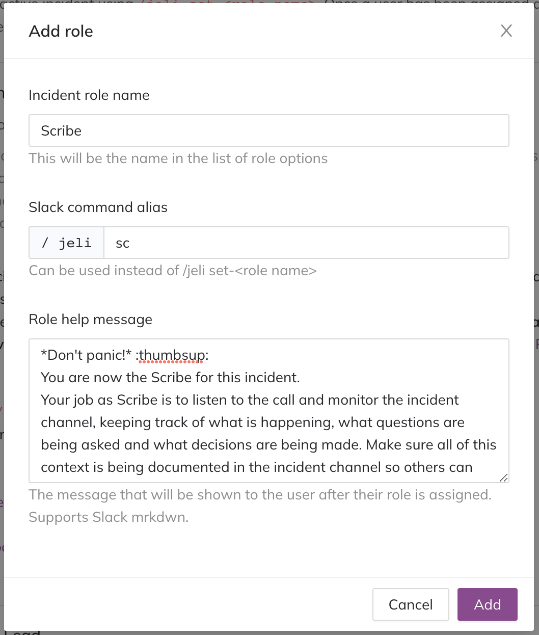 A screenshot of the Jeli UI detailing how to add a custom incident role, in this case "scribe"