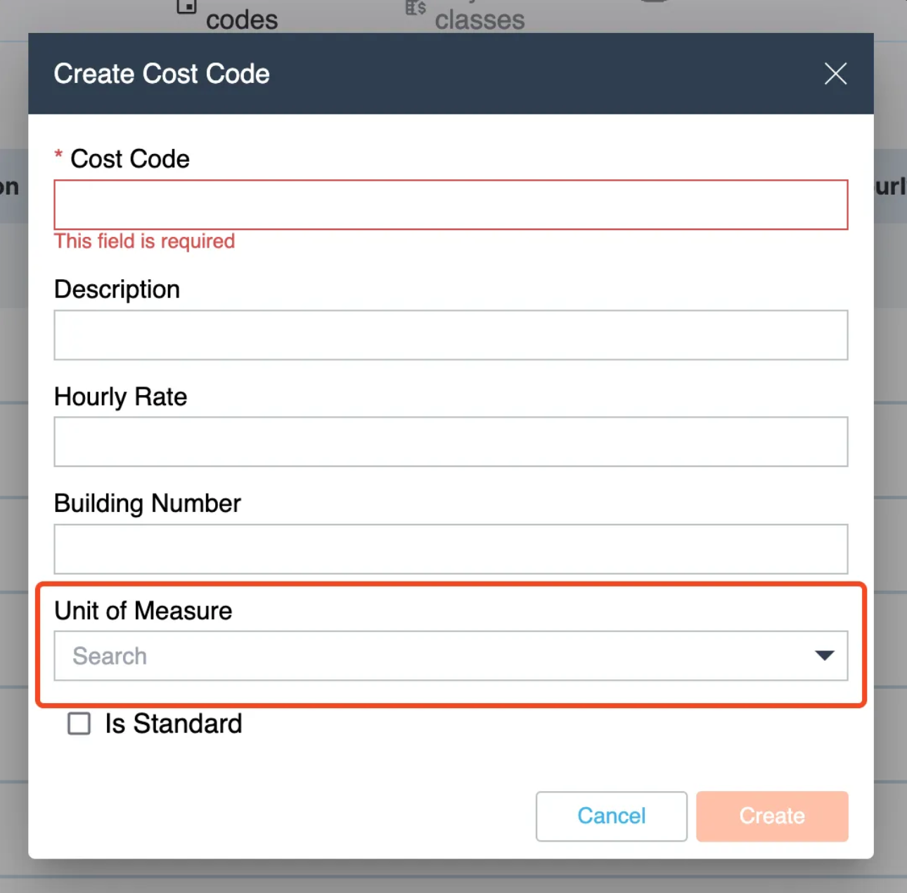 Measurement unit selection when creating a cost code