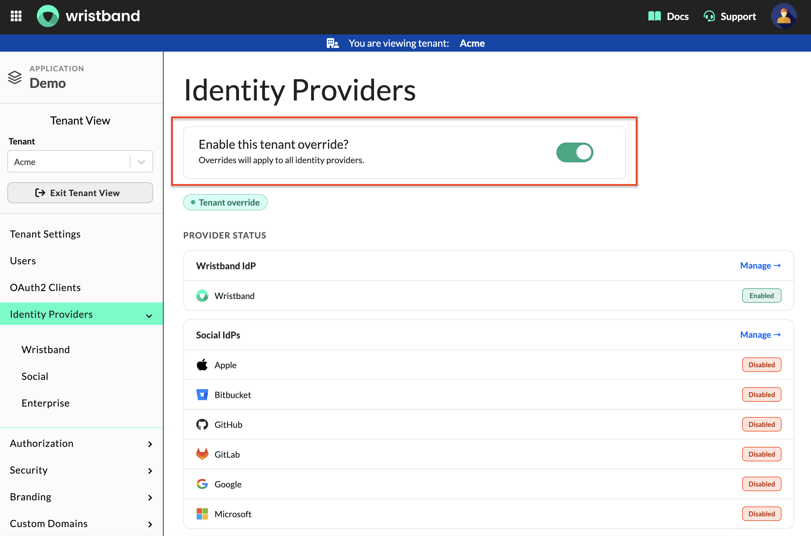 Tenant-level Identity Providers Page: Enable the tenant-level IdP override