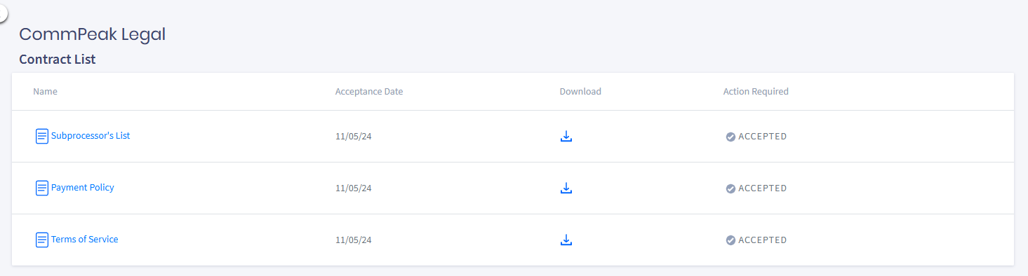 Screenshot of CommPeak Legal page