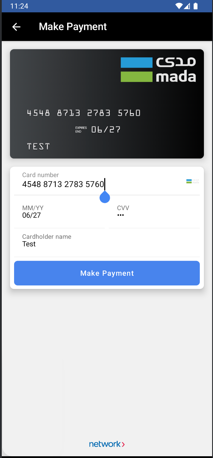 Provide the test card details on the card details screne. Grab a card from the test cards section, and use any name, expiry date, and CVV.