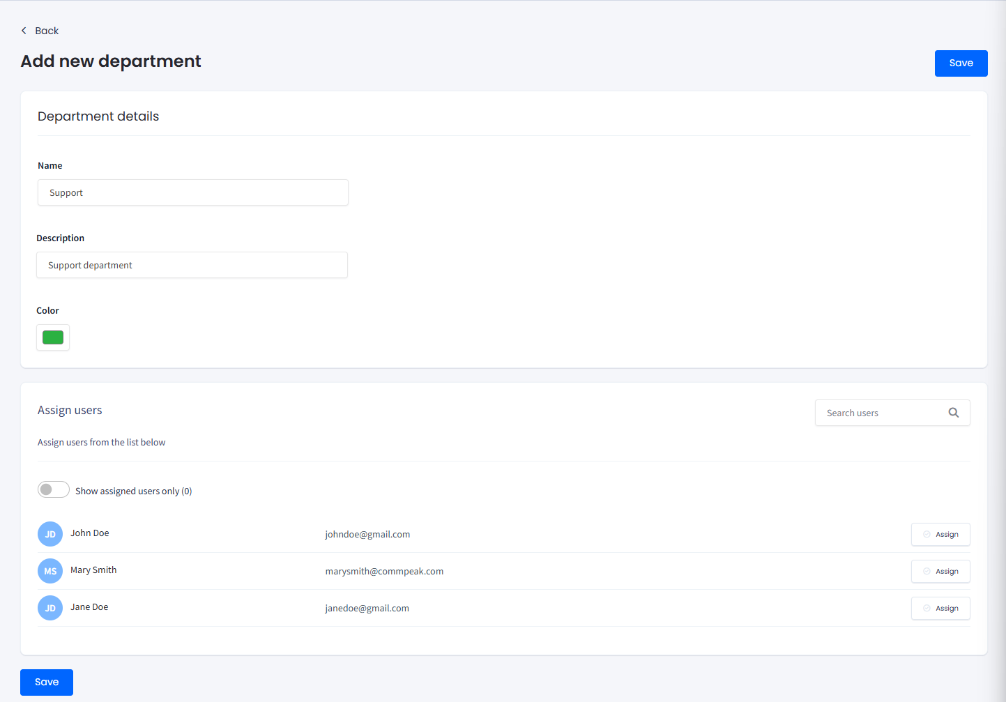 Screenshot of the Adding new department page