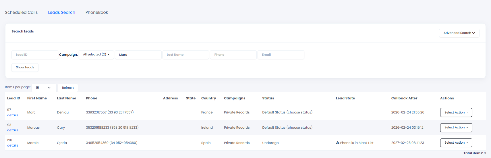 Screenshot of the Leads Search page