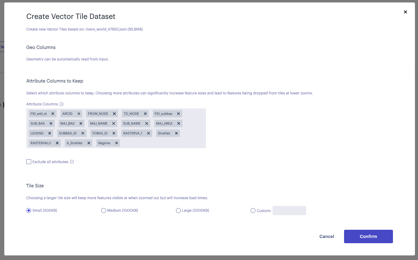 Vector tile creation options modal.