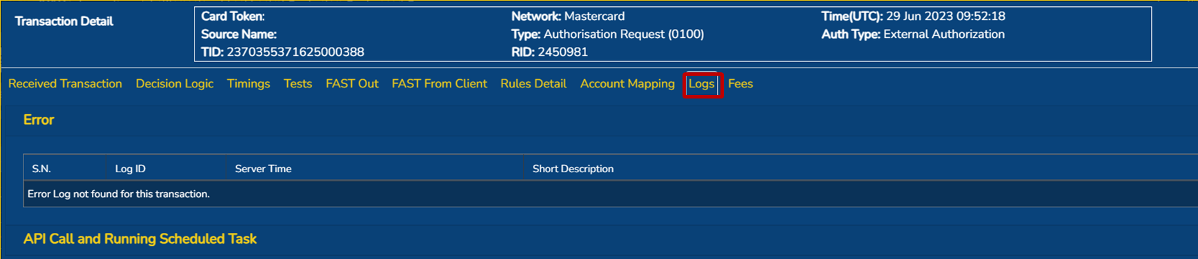 Transaction screen: logs