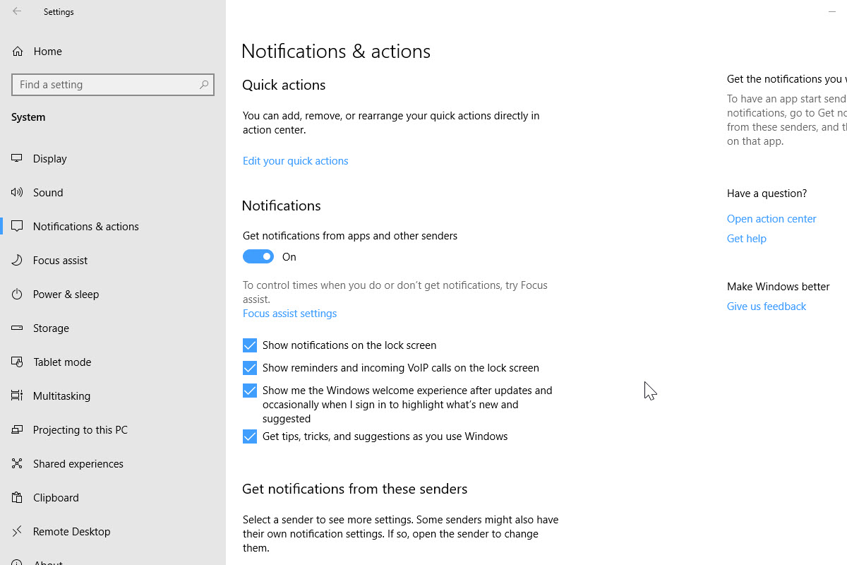 Main notifications and actions settings for Windows 10.