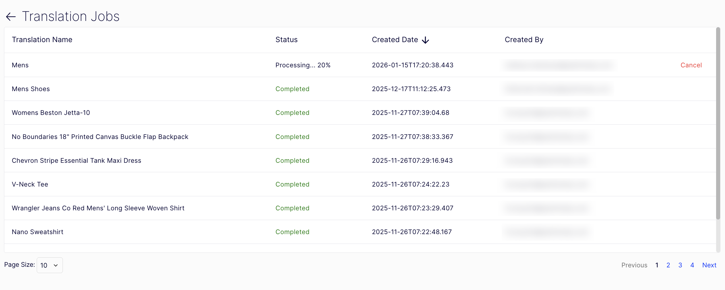 screenshot of the Translation Jobs page listing current and previous translation jobs with status and Cancel controls