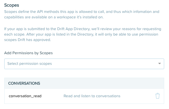 Scopes define the API methods this app is allowed to call, and thus which information and capabilities are available on a workspace it’s installed on.