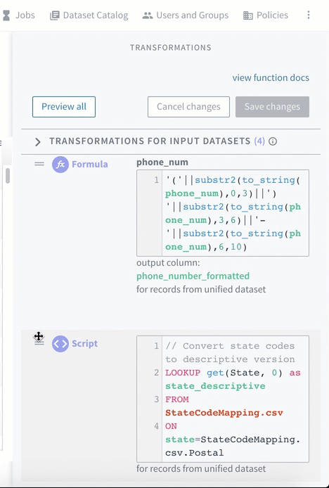 Reordering transformations with drag and drop.
