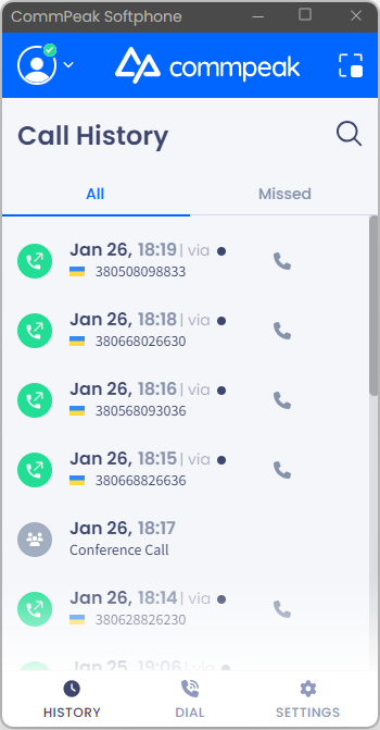 Screenshot of the **Call History** screen:** All** tab