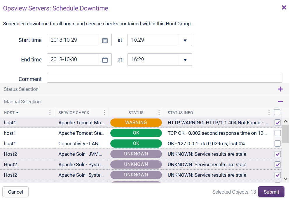 Example of Host Group Schedule Downtime Status Selection