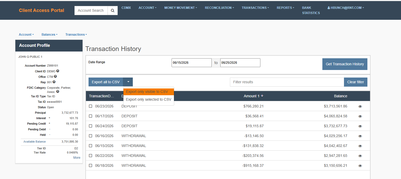 Transaction History - Export Visible