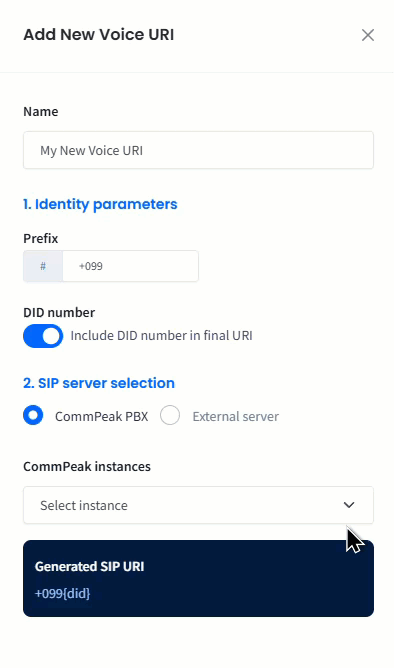 Screenshot with selcting CommPeak Dialer or PBX instance