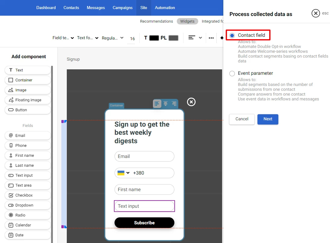 Selecting Contact field