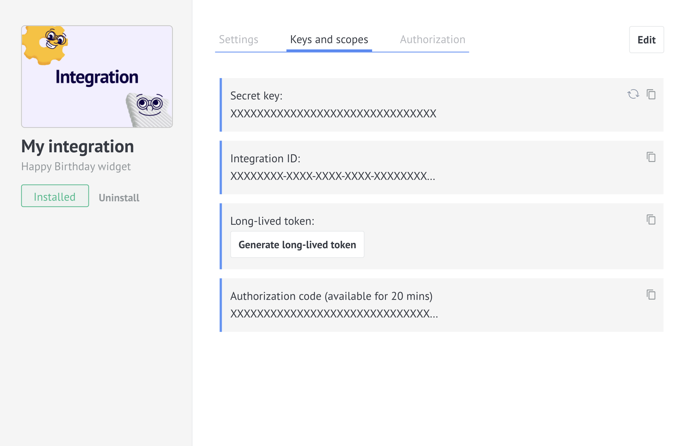 The Secret key and Integration ID are linked to the integration, and will only be shown in your developer account.