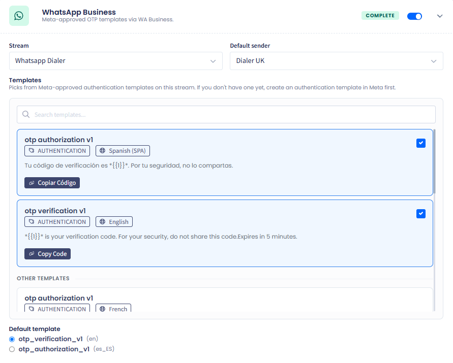 Screenshot with setting WhatsApp Business channel