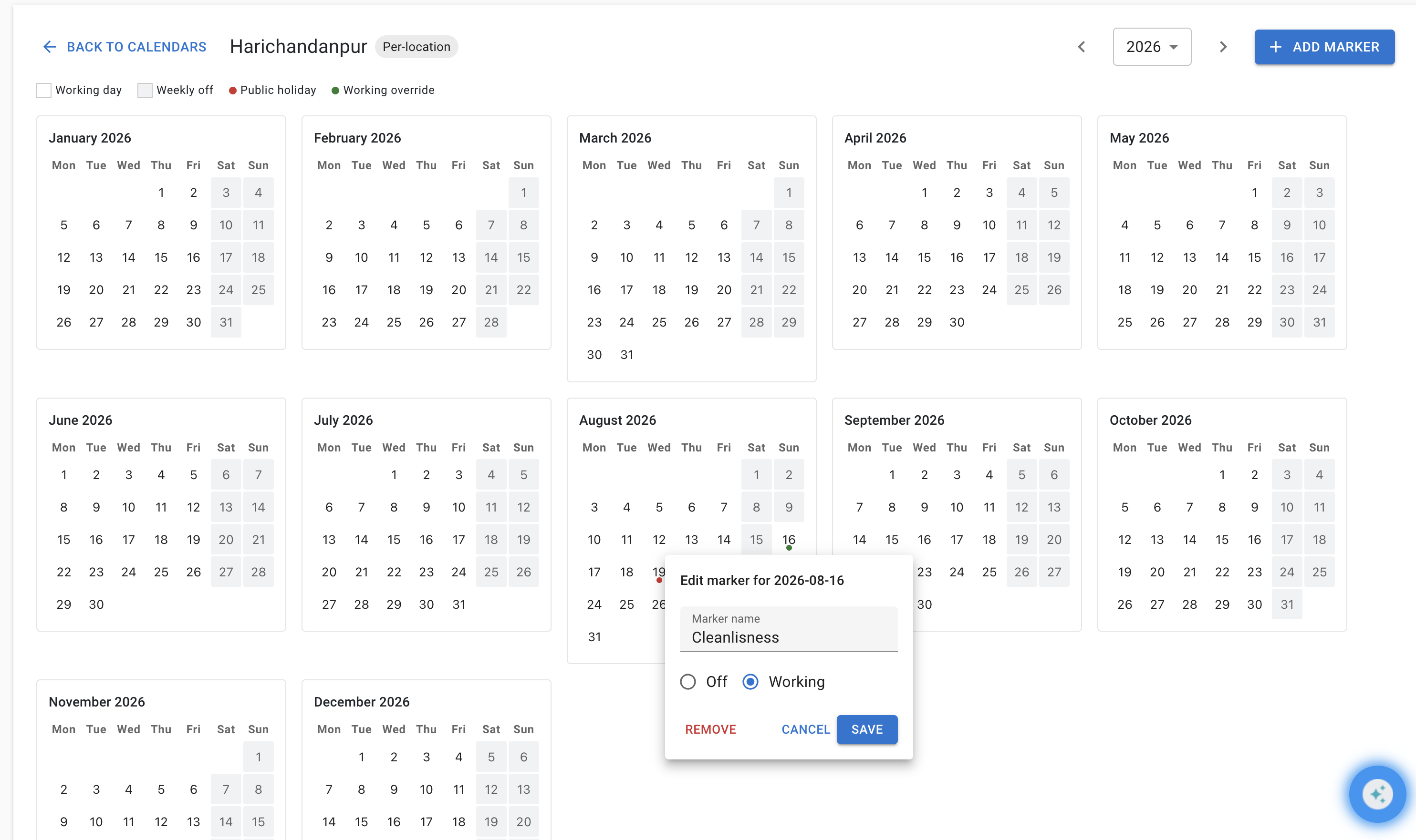 Popover marker editor — Working variant, marking a Sunday as a working override