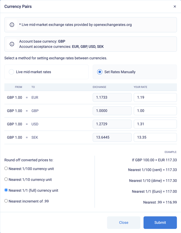 The currency pairs pop-up with rates set manually