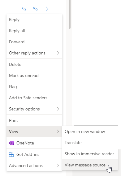 Screenshot of selecting the View message source option