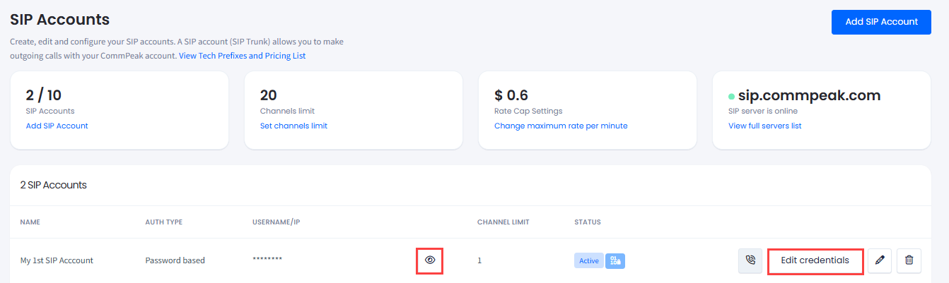 Screenshot of the SIP Accounts table