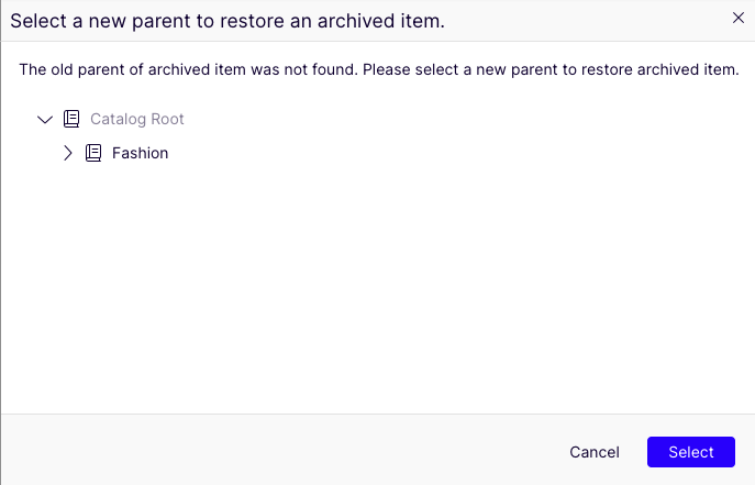 Screenshot of the location selection prompt displayed when restoring an archived entry.