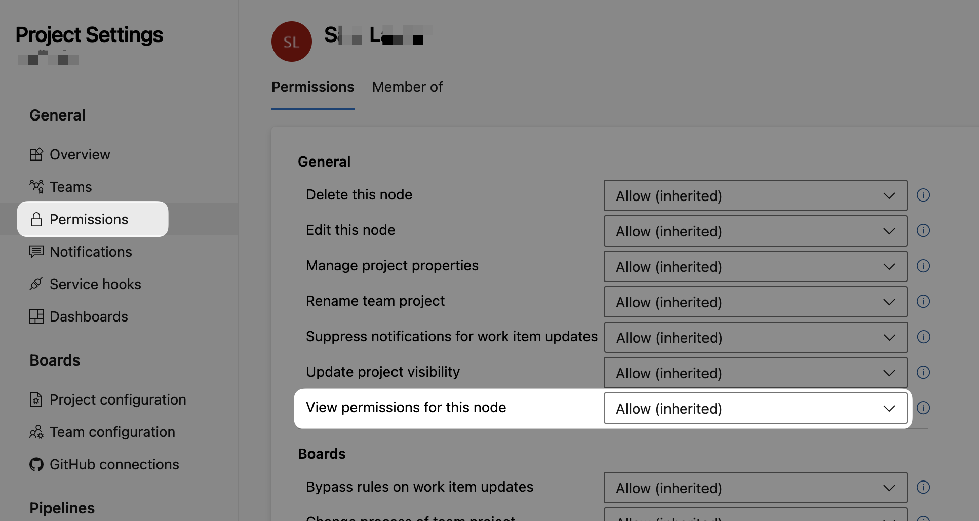 Project Settings - View permissions for this node