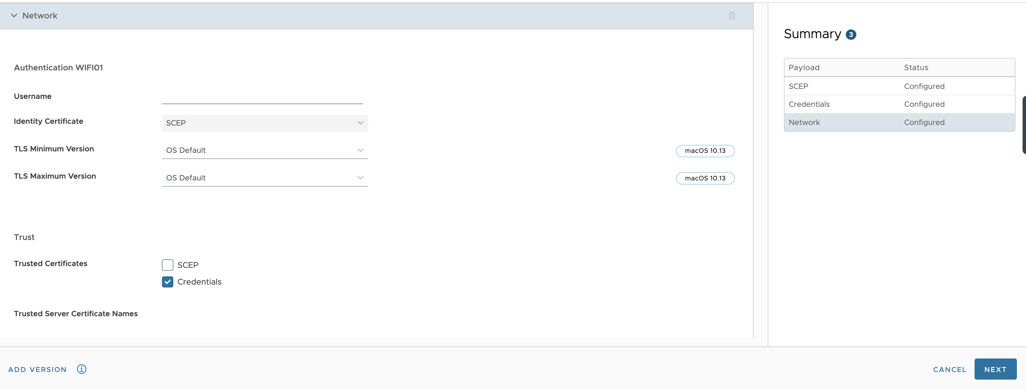 Configure Network payload