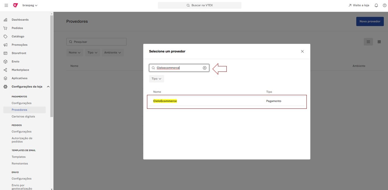 Tela de configuração para selecionar o conector CieloEcommerce