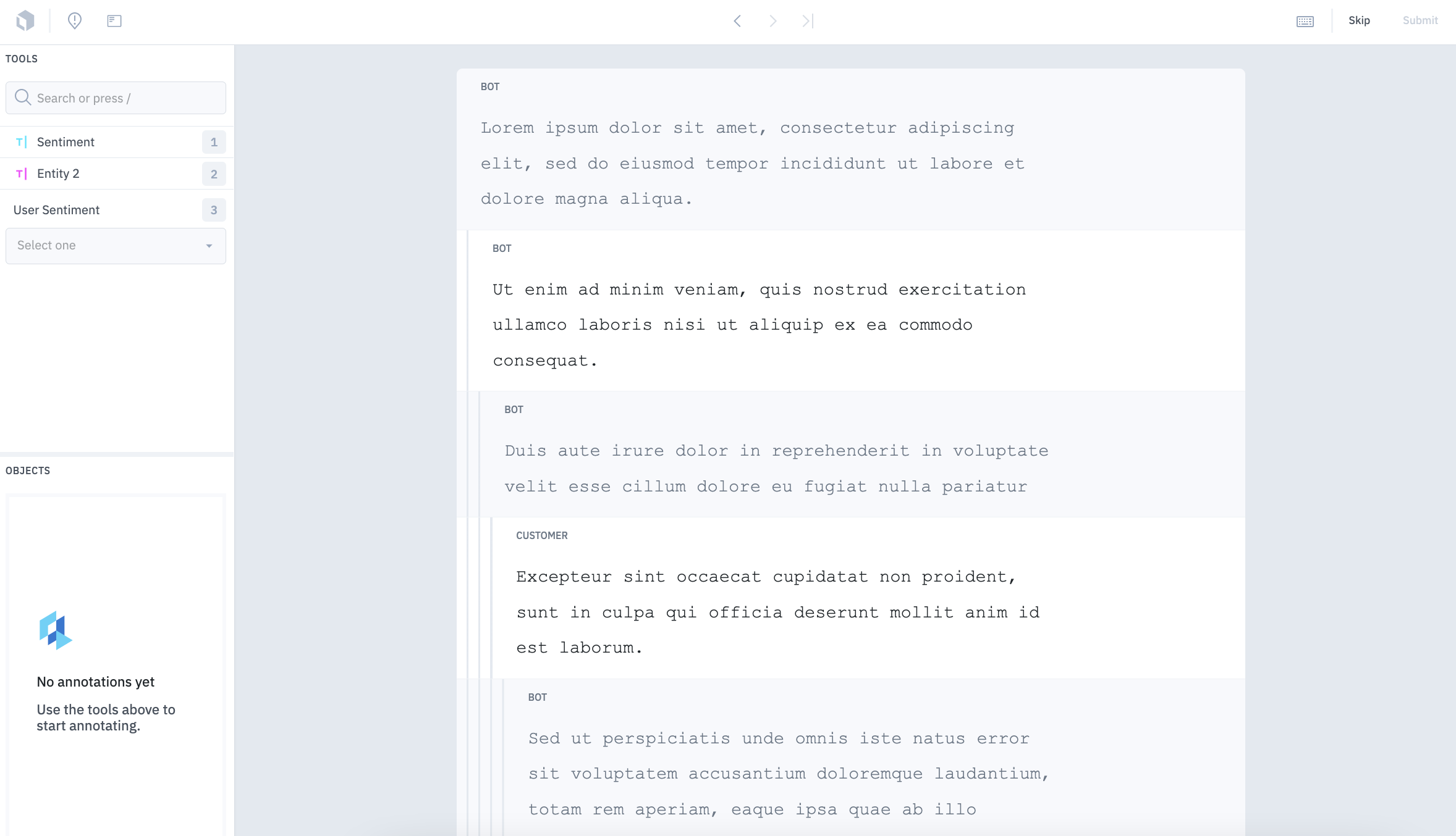 Thread based UI used for annotating text in the context of a multi-user thread.