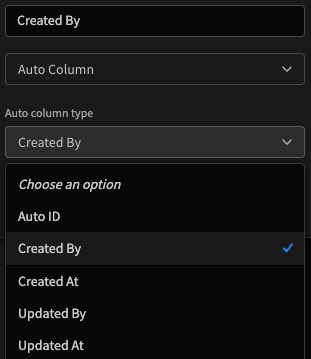 Selecting the 'Created By' auto column sub-type