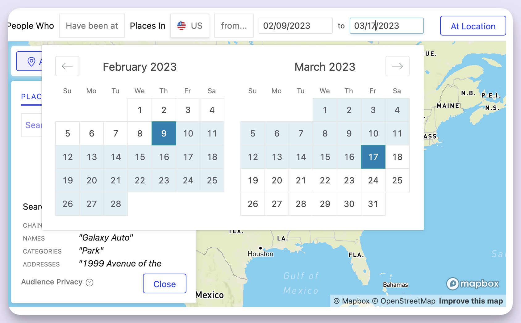 The calendar lets you select precise lookback window.