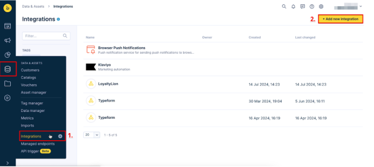 Add new integration screen showing available integrations including Omniconnect