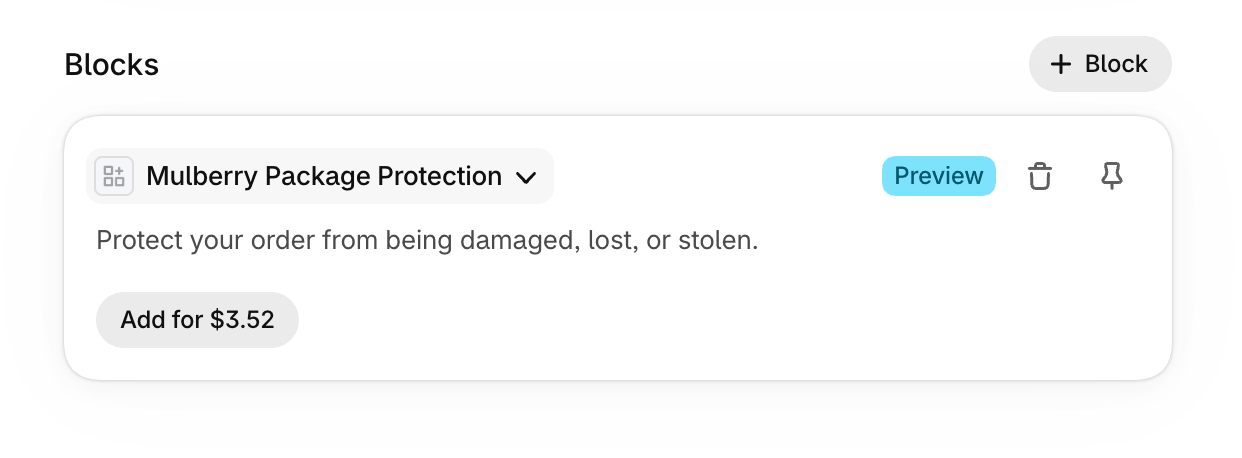 Mulberry Package Protection block on a Shopify draft order